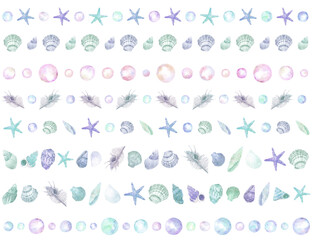カラフルな貝殻の水彩画ラインイラストセット