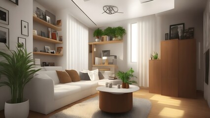 Interior of living room with sofa and beautiful plant decoration