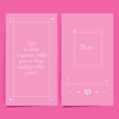 Double Storys template for social networks with photo frame and quote in pink colors in doll style . Frames, stars, things for dolls. Doll concept .