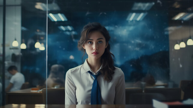 Unsure confused sad young woman intern or subordinate in the office