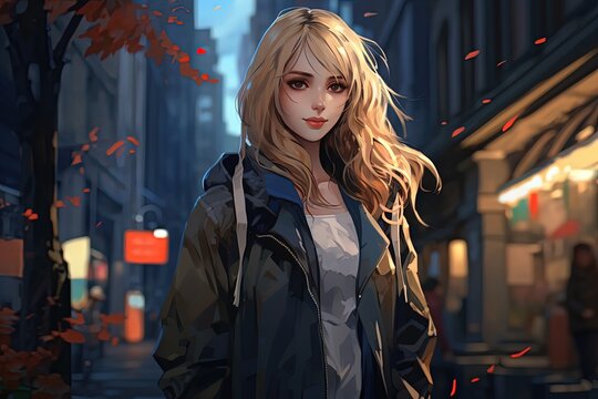 painting style illustration art, blond hair girl walking on bustling urban city street at night time cold weather of autumn or early winter season, Generative Ai,