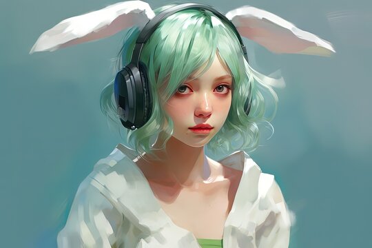 oil painting style illustration of bunny girl green hair wearing headphone, idea for artistic avatar character design, Generative Ai