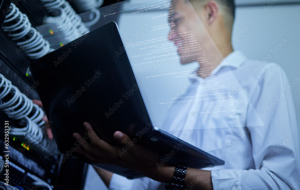 Aufkleber Laptop, server room technician and man programming cloud computing network, fix cable system or data center. Software program code, virtual hologram dashboard or IT person upgrade hardware connection