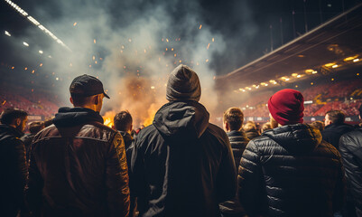 Football hooligans in game. aggressive soccer fans shouting and booing in the crowd. Losing team fans got mad. Furious people complain and protest a mistake made by referee. Soccer hooligans  - obrazy, fototapety, plakaty
