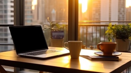 Laptop Sitting on Minimalist Desk Bathed in Warm Morning Light Beside Large Window, Sunlight Stream Across Room