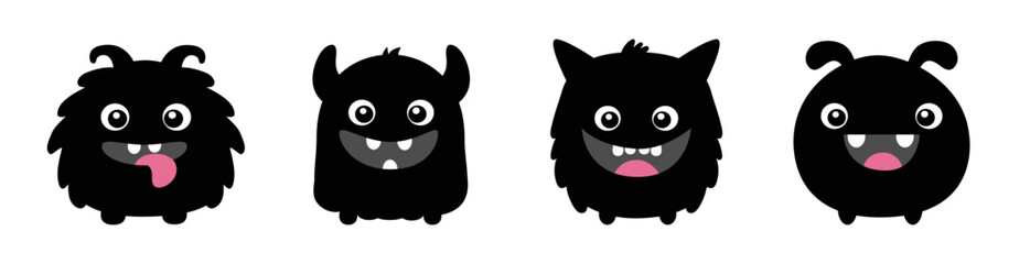 Happy Halloween. Monster set line. Cute head face. Four black silhouette monsters. Cartoon kawaii smiling funny boo character. Childish baby collection. T-shirt design. White background. Flat design.
