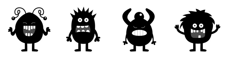 Monster set line. Happy Halloween. Cute head face. Four black silhouette monsters with different emotions. Cartoon kawaii smiling funny boo baby character. White background. Flat design.