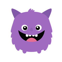 Cute monster. Happy Halloween. Funny head face with teeth, tongue, ears. Purple silhouette smiling scary monsters. Cartoon kawaii screaming boo funny baby character. Flat design. White background.