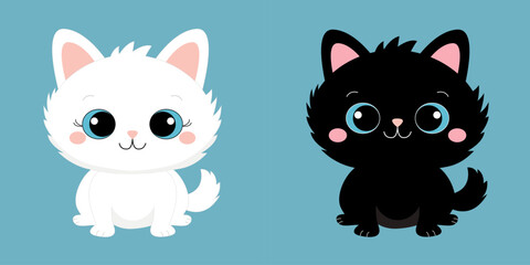 White and black cat set sitting. Kitten with blue eyes. Head face silhouette icon.Cute cartoon funny baby character. Funny kawaii animal. Pet collection. Sticker print. Flat design. Blue background.