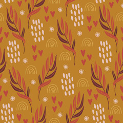 Boho seamless pattern with leaves, hearts, rainbows, dots. Vector illustration