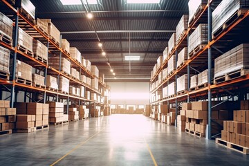 Corridor of a large logistics warehouse, full of packages and undelivered goods.