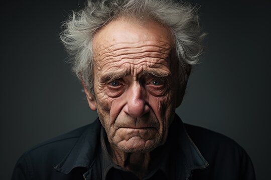 Elderly man with tears in his eyes, set against a muted grey background - Deep sorrow - AI Generated - Powered by Adobe