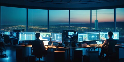 Control tower of an air surveillance center. Ai generated. - obrazy, fototapety, plakaty