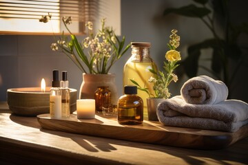 Obraz na płótnie Canvas Relaxing spa room set up with essential oils - Aromatherapy oasis - AI Generated