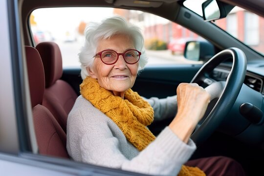 Elderly senior woman driving her own car. AI generated.