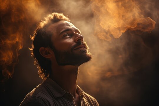 Man using breathing techniques to enhance meditation depth - Inhalation inspiration - AI Generated