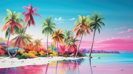 Tropical exotic Landscape with bright palm trees, Pink and blue trending shades, Generative AI