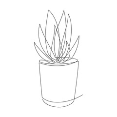 Line continuous aloe house plant in pot vector. Outline drawing, botanical illustration. Hand drawn linear icon. Leaves silhouette. Minimal design, print, banner, card, poster, logo, sign, symbol.