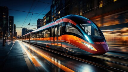 Sleek High Speed Bullet Train Zipping Down the Tracks at Sunset, Orange Light Gleaming Off Its Aerodynamic Body