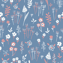 Seamless pattern with flowers, branch, leaves and others. Creative backdrop texture for fabric, wrapping, textile, wallpaper, background apparel and others. Doodle hand drawn plants and wildflowers