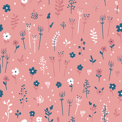 Seamless pattern with flowers, branch, wildflowers, leaves and others. Creative backdrop texture for fabric, wrapping, textile, wallpaper, background apparel and others. Doodle hand drawn plants