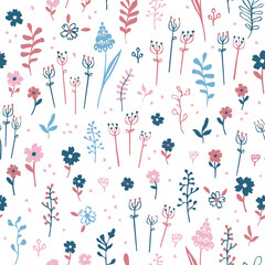 Seamless pattern with flowers, branch, leaves and others. Creative backdrop texture for fabric, wrapping, textile, wallpaper, background apparel and others. Doodle hand drawn plants and wildflowers