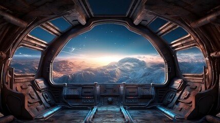 Futuristic Space Station Interior with Sleek Technology and Endless Stars Visible Through the...
