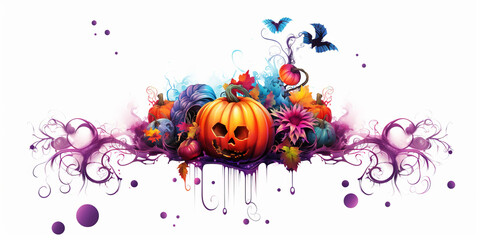 Illustration of Halloween background with terrible pumpkins. transparent background. 