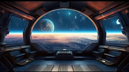 Fotobehang Futuristic Space Station Interior with Sleek Technology and Endless Stars Visible Through the Window, Floating in the Milky Way © khairulz