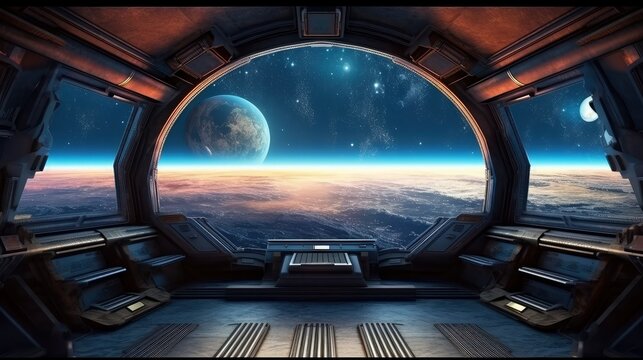 Futuristic Space Station Interior with Sleek Technology and Endless Stars Visible Through the Window, Floating in the Milky Way