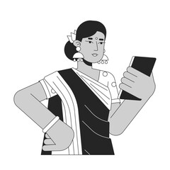Indian woman looking on smartphone flat line black white vector character. Editable outline half body person. Online communication simple cartoon isolated spot illustration for web graphic design