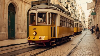 Naklejka na ściany i meble Classic Bright Yellow Street Tram, an Iconic Piece of Vintage Transportation Rolling Down the Tracks Against a Backdrop of Traditional Architecture