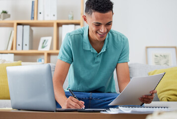 Remote work from home, laptop and man writing, application document and blog with ideas. Person, blogger or entrepreneur on a couch, lounge and planning article with research, freelance and paperwork