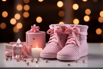 Soft pink canvas features baby socks, inviting warm wishes for a newborns joyous arrival Generative AI
