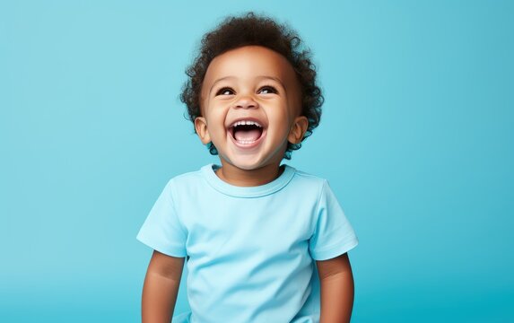 Portrait of a cute little African American baby laughing on blue background. created by generative AI technology.