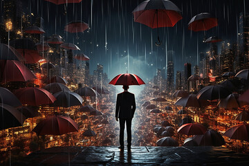 Umbrella on other umbrellas on city background. Business and safety concept. Generative AI