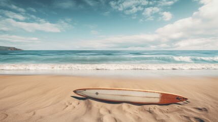 Fototapeta na wymiar Photo of blue summer sky on a beautiful day with a surfboard on a beach. Generative AI