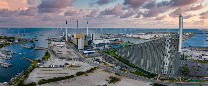 Amager Bakke, Amager Hill or Amager Slope or Copenhill - a heat and power waste-to-energy plant and a sports park in Amager, Copenhagen, Denmark. ESG green energy.