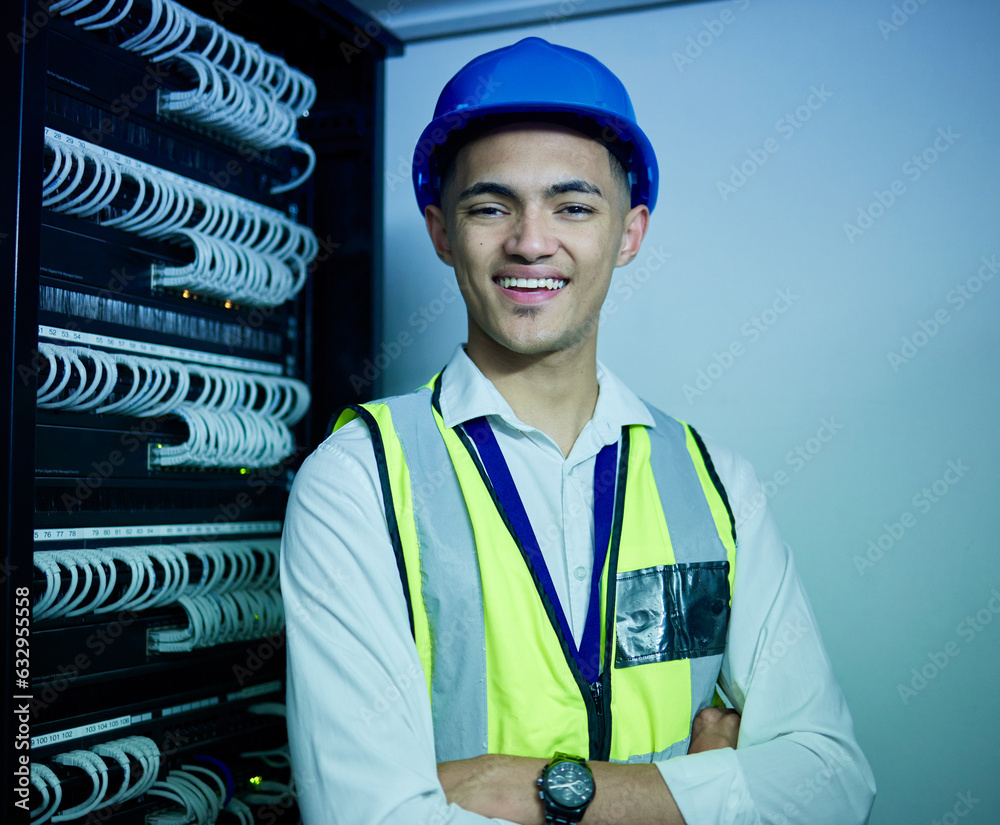 Poster Engineering, portrait and man with smile in server room for network maintenance, software upgrade and programming cables. IT technician, electrician or arms crossed in data center for database backup
