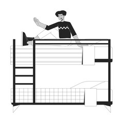 Latino man sitting up in bunk bed flat line black white vector character. Editable outline full body person. Student in dorm waving hand simple cartoon isolated spot illustration for web design