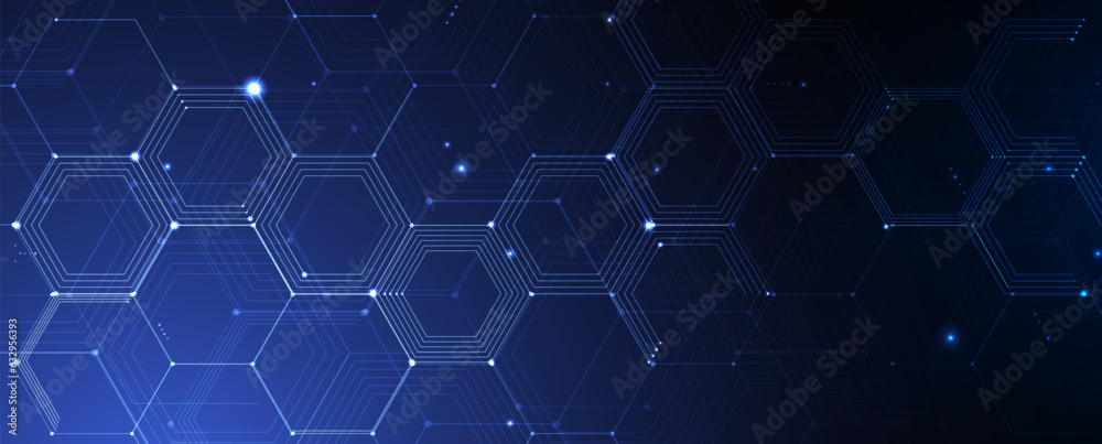 Poster Technology banner design with hexagons abstract background.