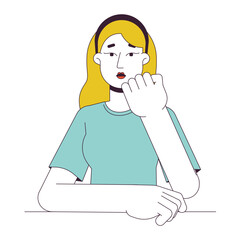 Fototapeta premium Engaged student woman resting chin on palm flat line color vector character. Editable outline half body person on white. Focused girl simple cartoon spot illustration for web graphic design