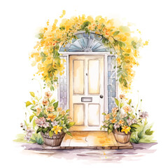 Fototapeta na wymiar Door surrounded by yellow flowers and vase in front of it watercolor paint