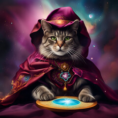 A sorcerer cat wearing a witch hat and a cape in a mysterious background. Amazing digital illustration. CG Artwork Background