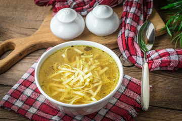 Broth - chicken soup in a bowl.