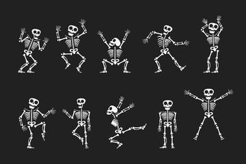 Skeletons dancing with different positions flat style design vector illustration set. Funny dancing Halloween or Day of the dead skeletons collection. Creepy, scary human bones characters silhouettes.