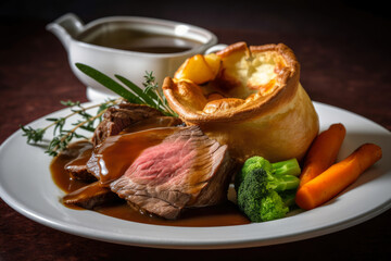 Juicy slices of roast beef on crispy Yorkshire pudding, garnished with fresh herbs, served with roasted vegetables, and smothered in savory gravy. - Powered by Adobe