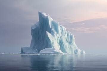 Fototapeta na wymiar Antarctic iceberg floating in calm cold water on colorful sky background during sunrise