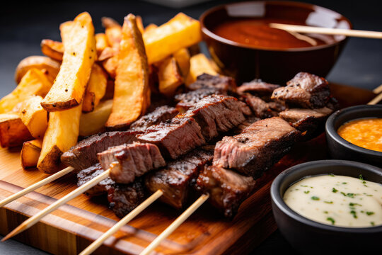 Juicy Churrasco skewers with crispy yucca fries and spicy dipping sauce, showcasing a macro shot of mouth-watering, savory Brazilian cuisine in an outdoor barbecue party.