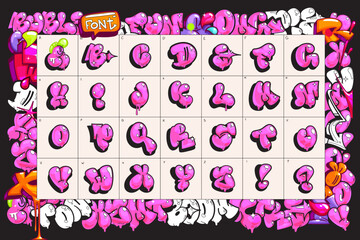 Cartoon pink alphabet set. Font letters in graffiti throw up style